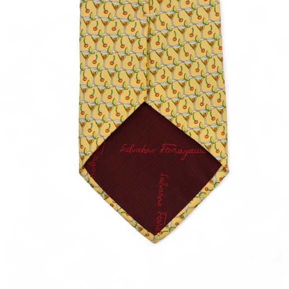 Salvatore Ferragamo Silk Neck Tie Yellow Cocktail Print Geometric Made Italy - Picture 4 of 9